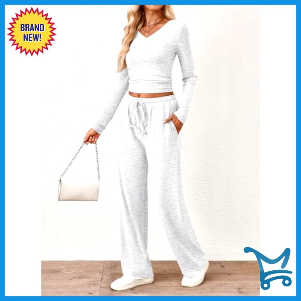 Soft Rayon Lounge Set Long Sleeve Shirt Wide Leg Pants Business Casual - Picture 3 of 5